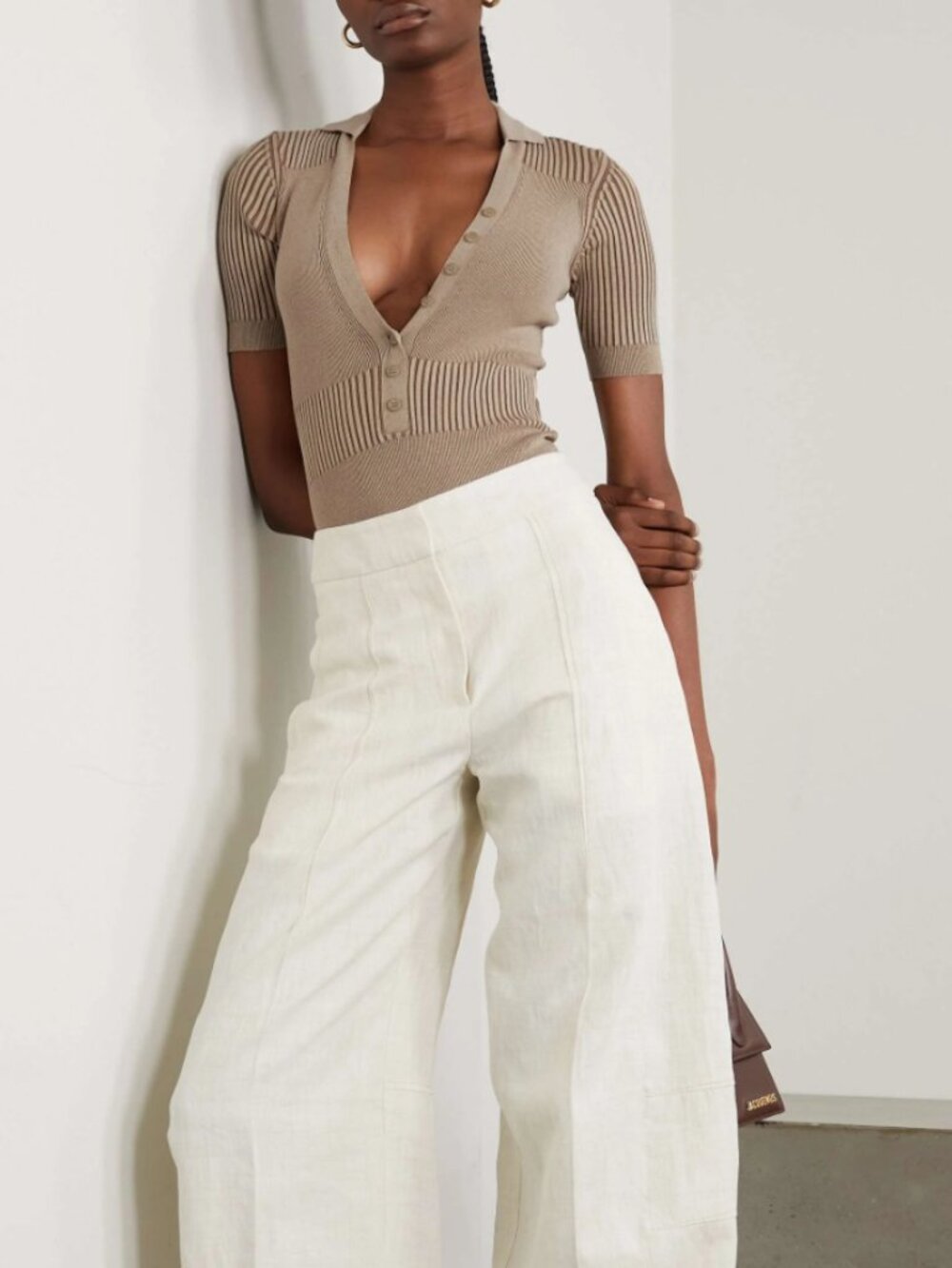 Jacquemus Le Body Yauco Beige Ribbed Knit Polo Bodysuit Size 36